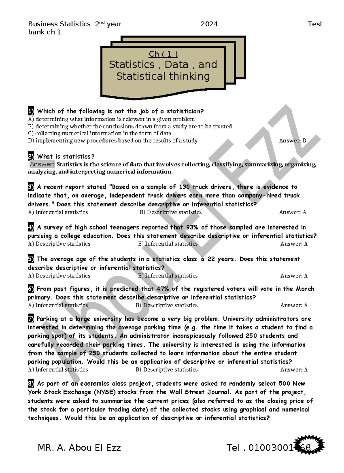 Ch 1 - ch 1 what is statistics - 1 bank ch 1 1) Which of the following ...