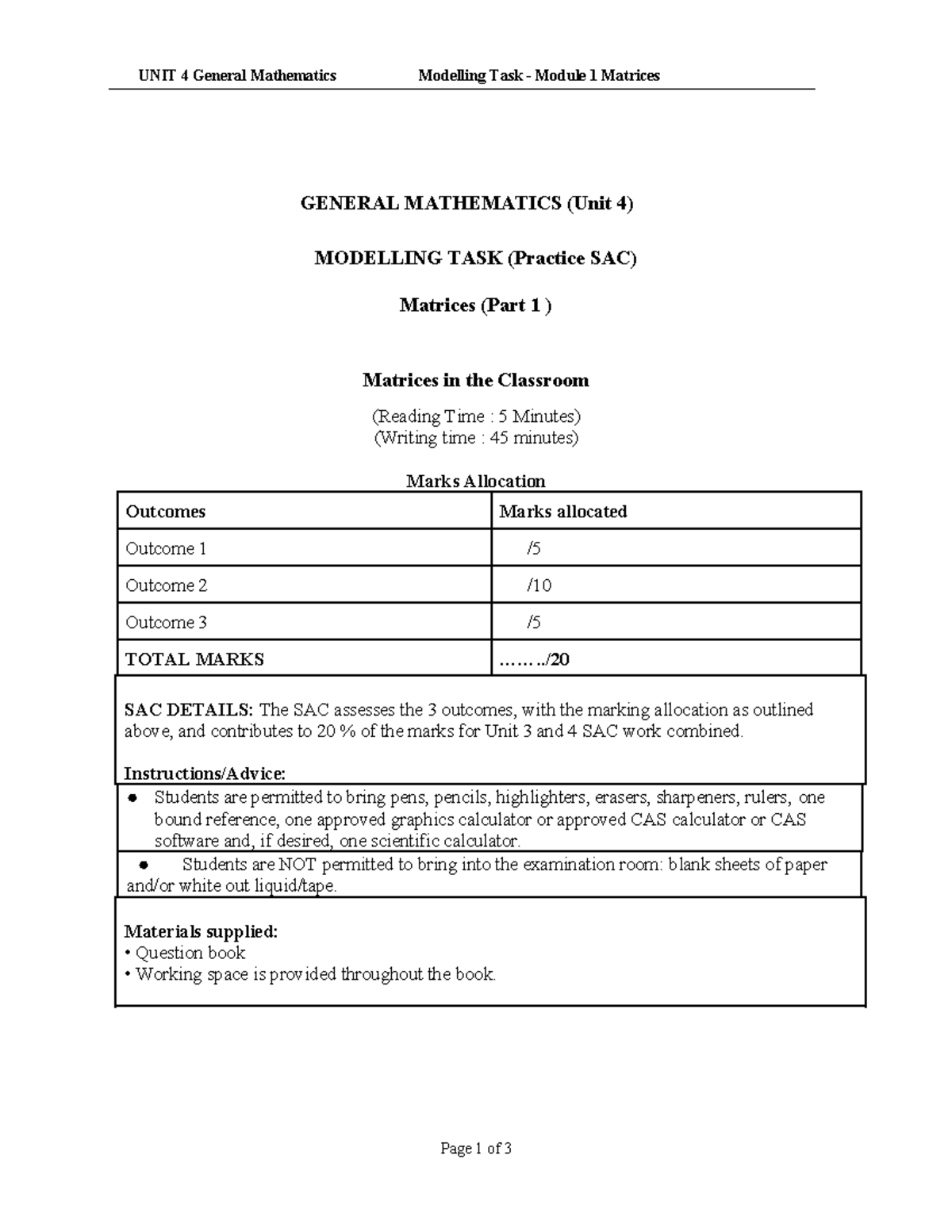 Practice SAC 1 - General Maths Matrices in Classroom (Units 3 & 4 ...