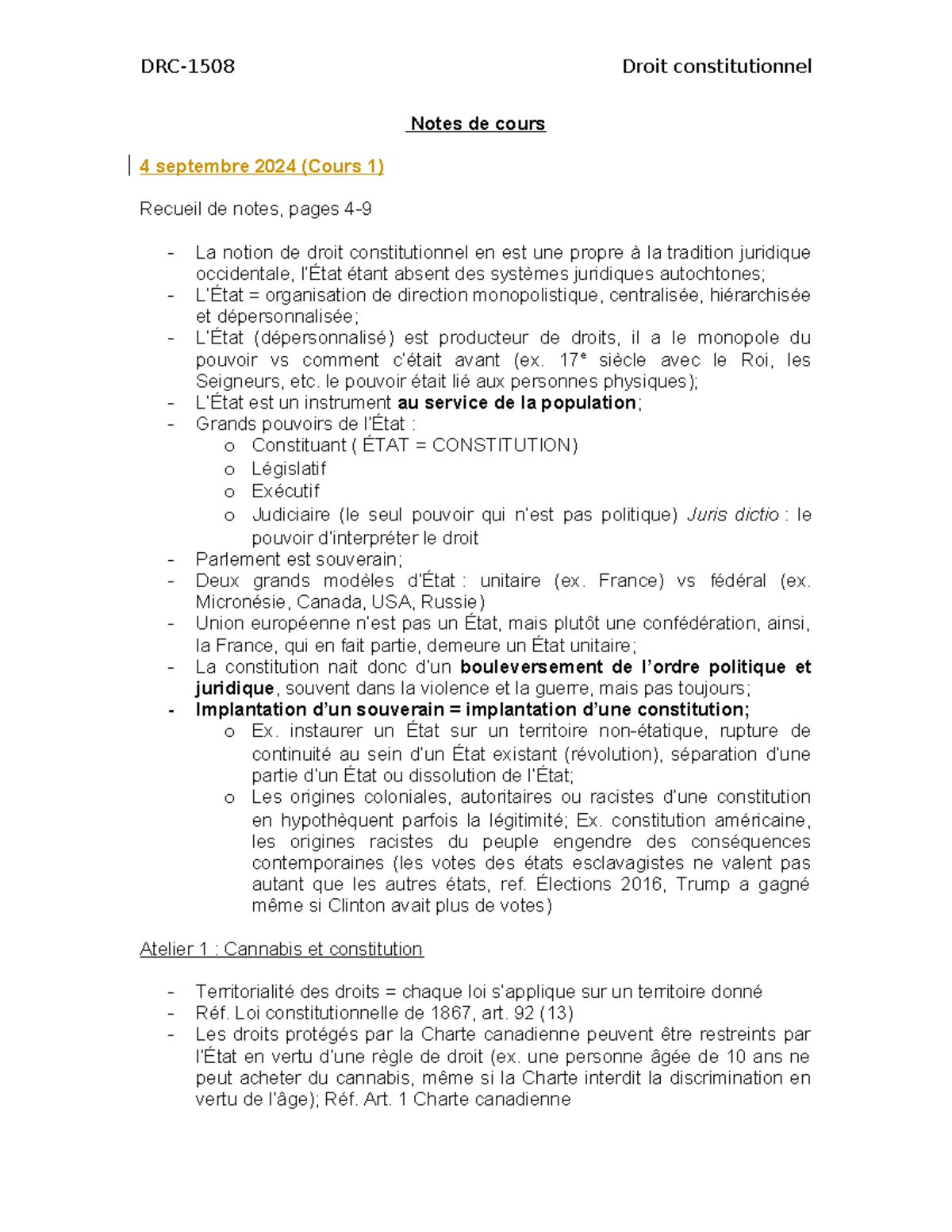 DRC-1508 Notes de cours sur le Droit Constitutionnel - Cours 1 à 5 ...