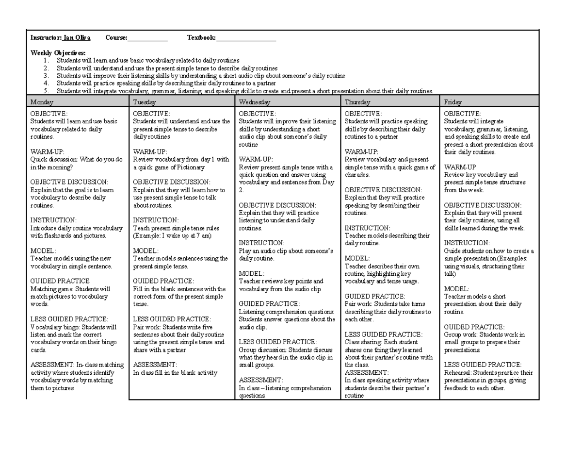 Lesson Plan for Teaching English: Daily Routines (Week 1) - Studocu