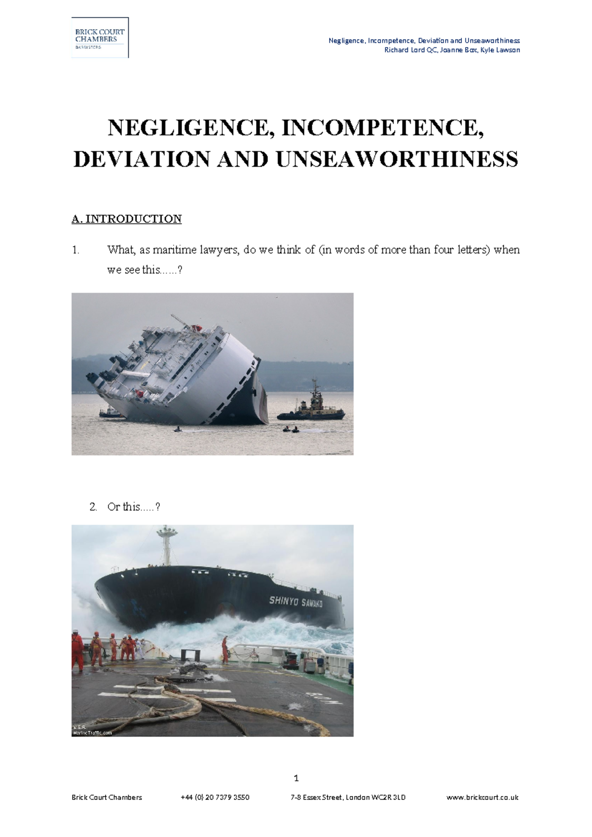 Negligence, Incompetence, & Unseaworthiness in Maritime Law - Handout ...