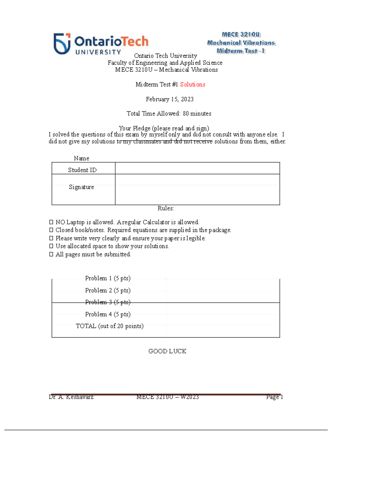MECE 3210U Mechanical Vibrations Midterm Test Solutions W2023 - Studocu
