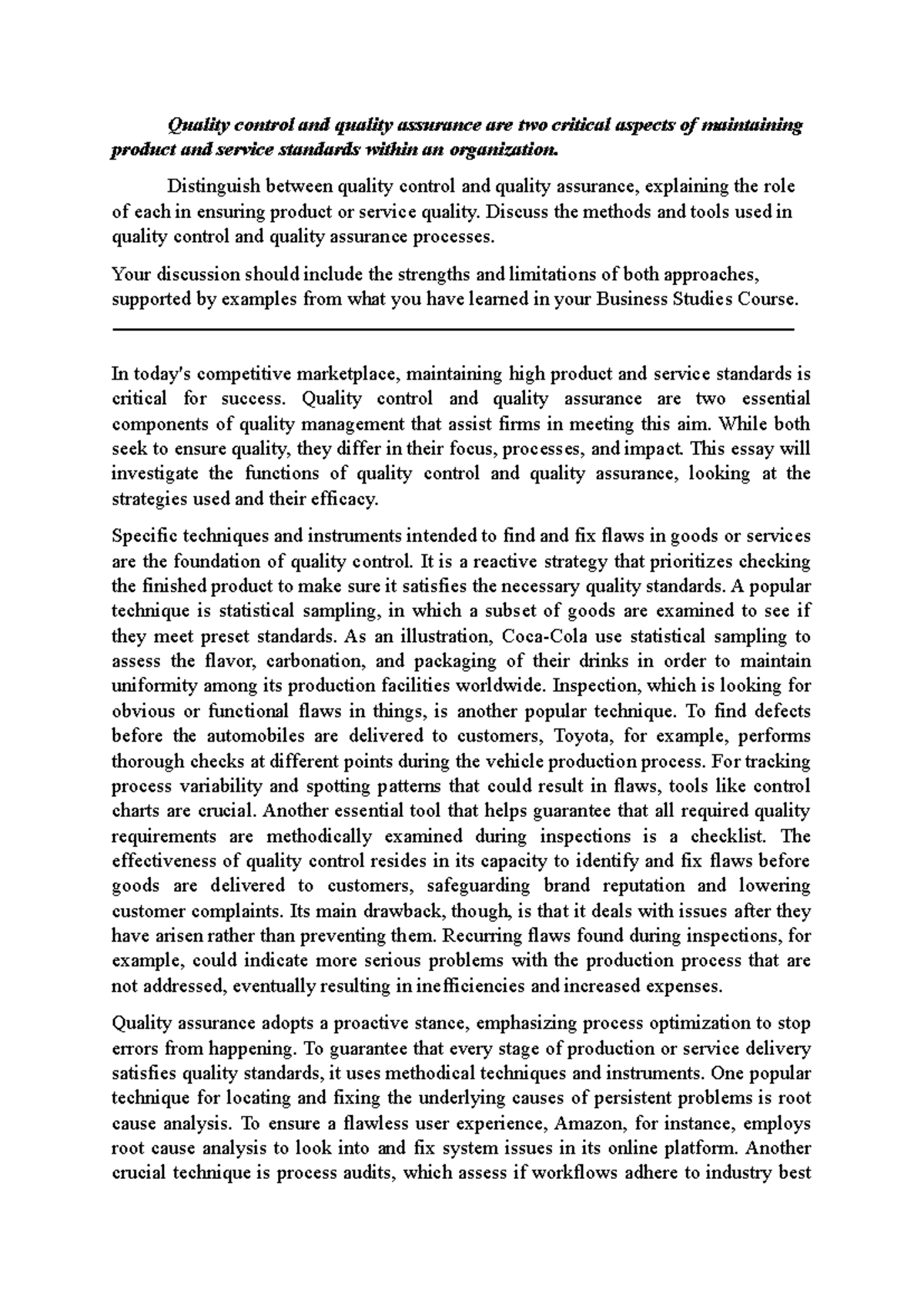 Essay on Quality Control vs Quality Assurance in Business Studies - Studocu