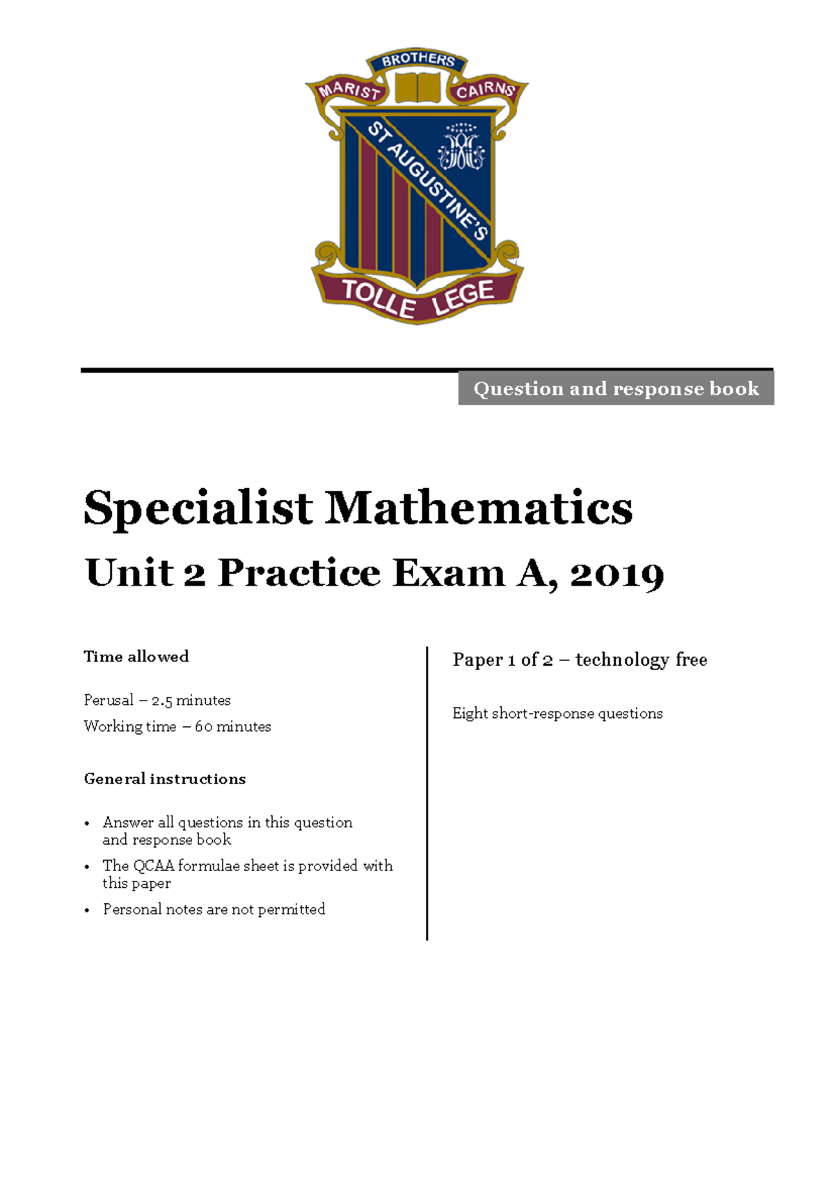 Specialist Mathematics Unit 2 Practice Exam A - 2019 (Tech Free) - Studocu