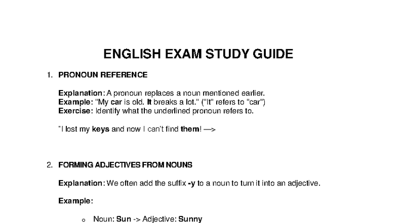 ENGLISH 101 FINAL EXAM STUDY GUIDE: PRONOUNS & ADJECTIVES - Studocu
