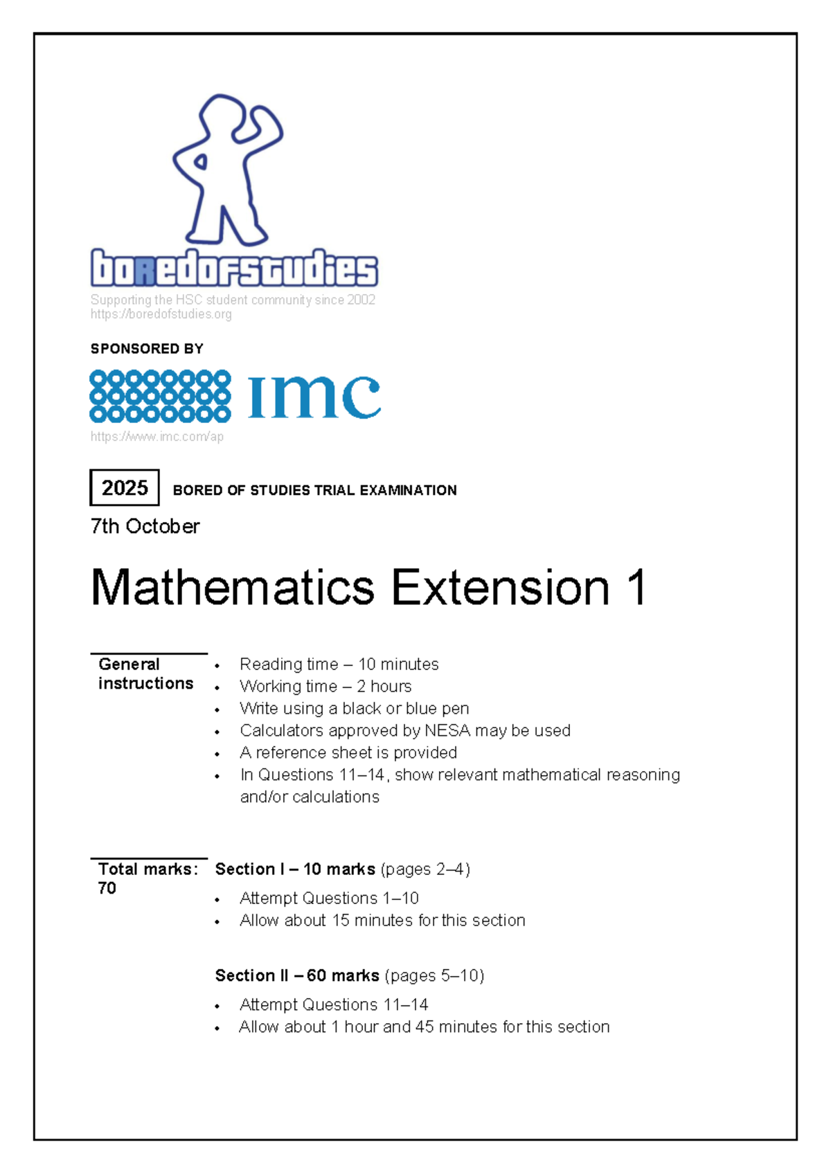 2025 HSC Trial Exam: Mathematics Extension 1 - Studocu