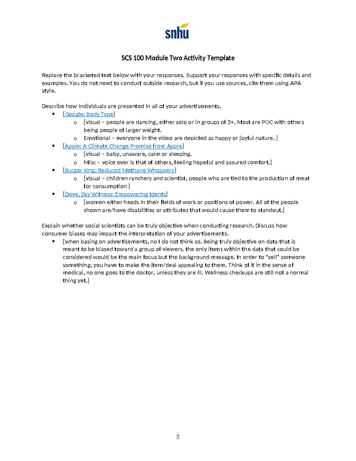 SCS 100 Module Three Advertisement Analysis Activity Template - Studocu