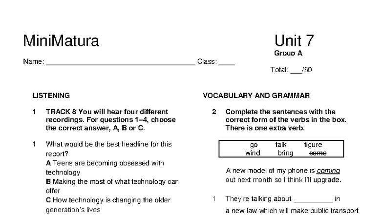Focus 4 2E Mini Matura Unit 7 Group A Listening & Reading Exercises ...