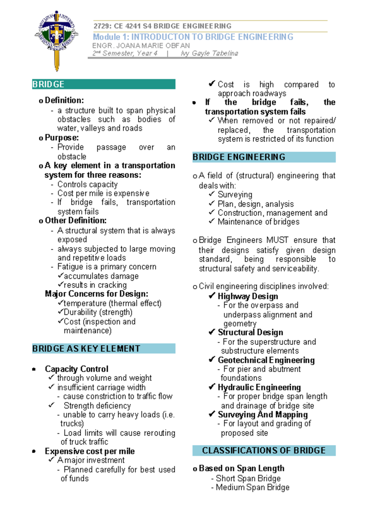 Bridge Engineering CE 4241 S4: Module 1 Overview and Concepts - Studocu