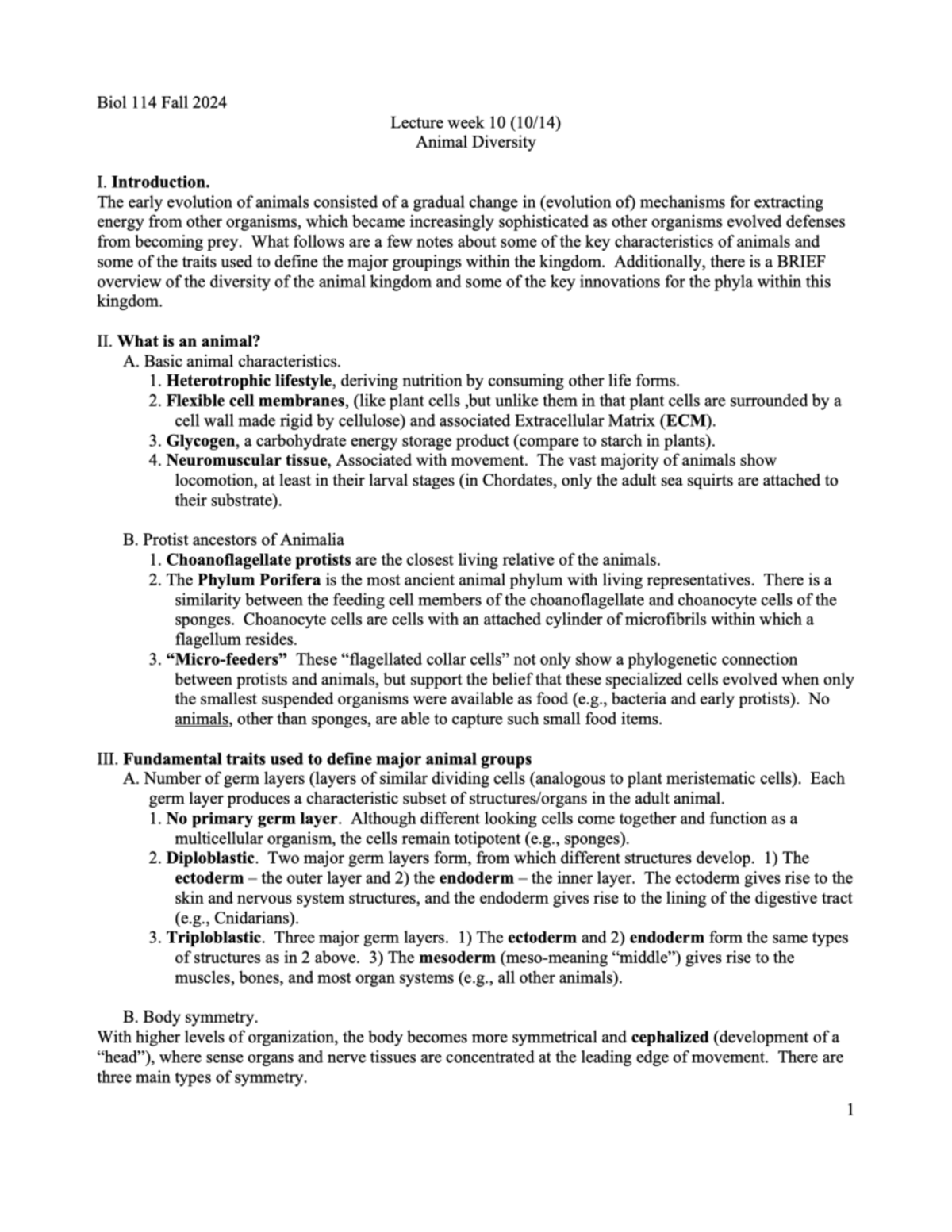 Lecture week 10 (10-24) - Notes Animal Diversity - Biol 114 Fall 2024 ...