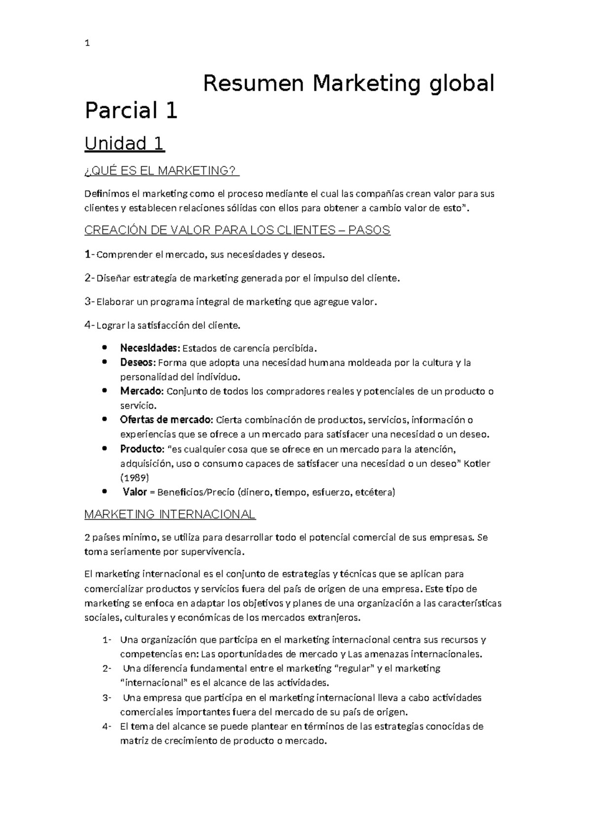 Resumen del Parcial 1 de Marketing Global - Unidad 1: ¿Qué es el ...
