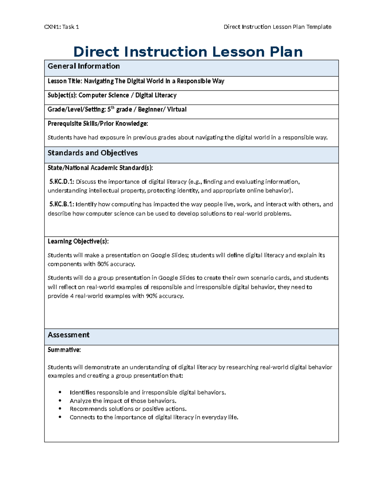 CXN1: Lesson Plan for Navigating the Digital World Responsibly - Studocu