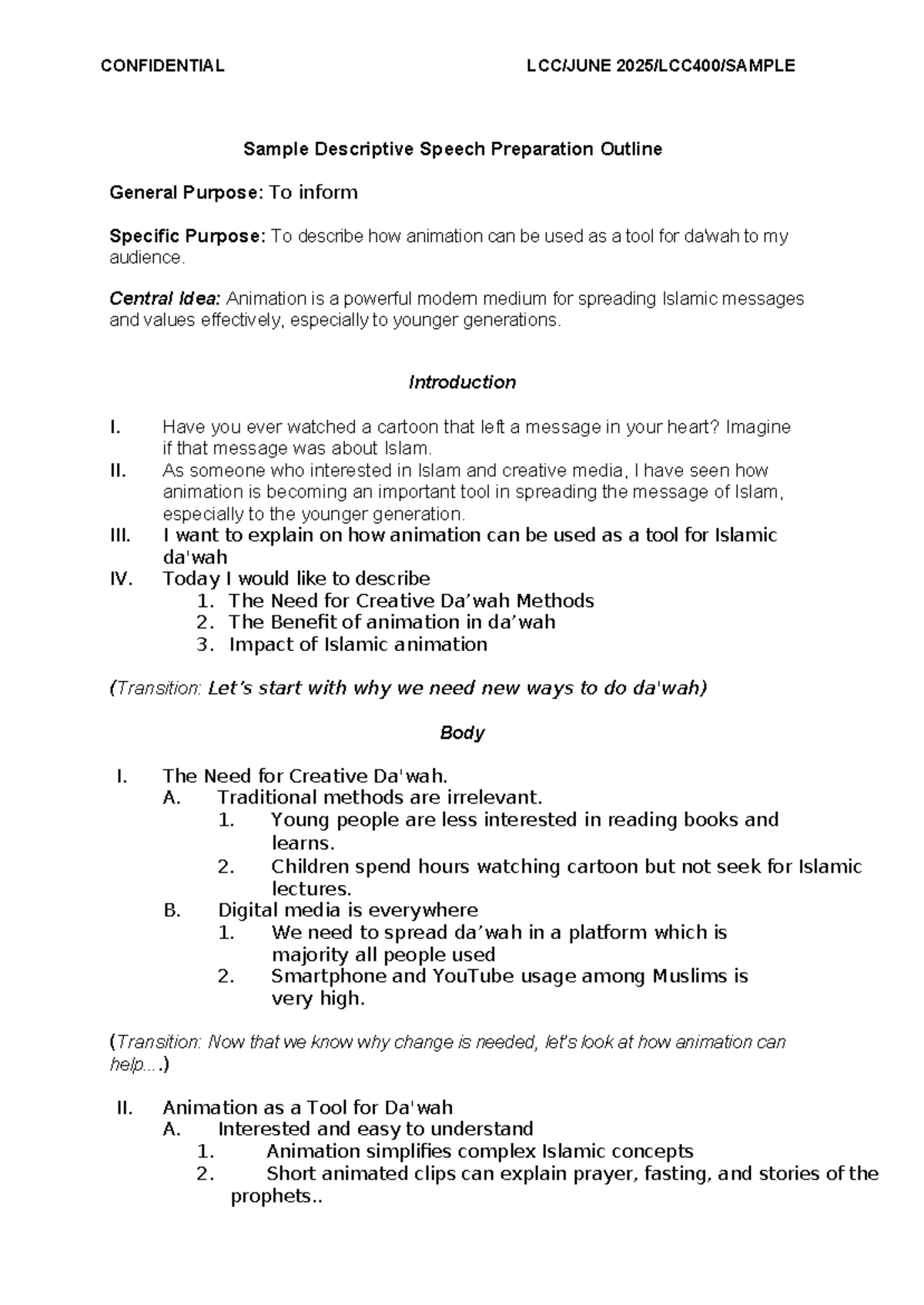 LCC400 Descriptive Speech Outline: Using Animation for Islamic ...