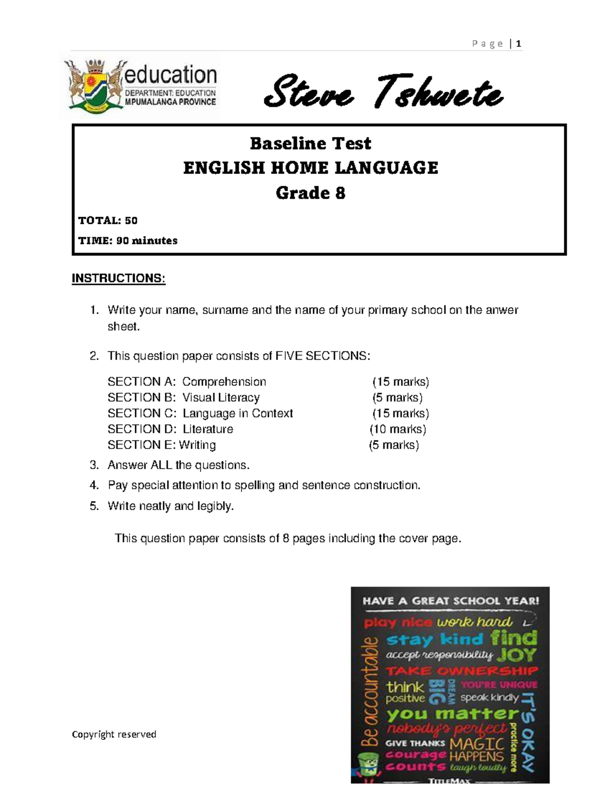 Baseline Test: English Home Language Grade 8 (Total: 50) - Studocu