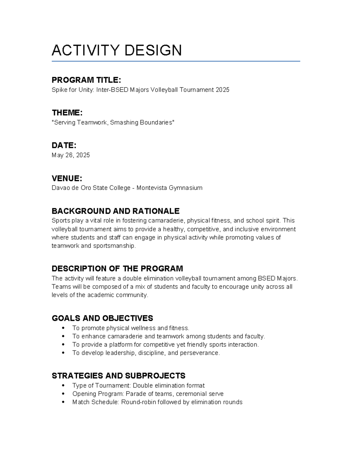 ACTIVITY DESIGN: Spike for Unity Volleyball Tournament 2025 - Studocu