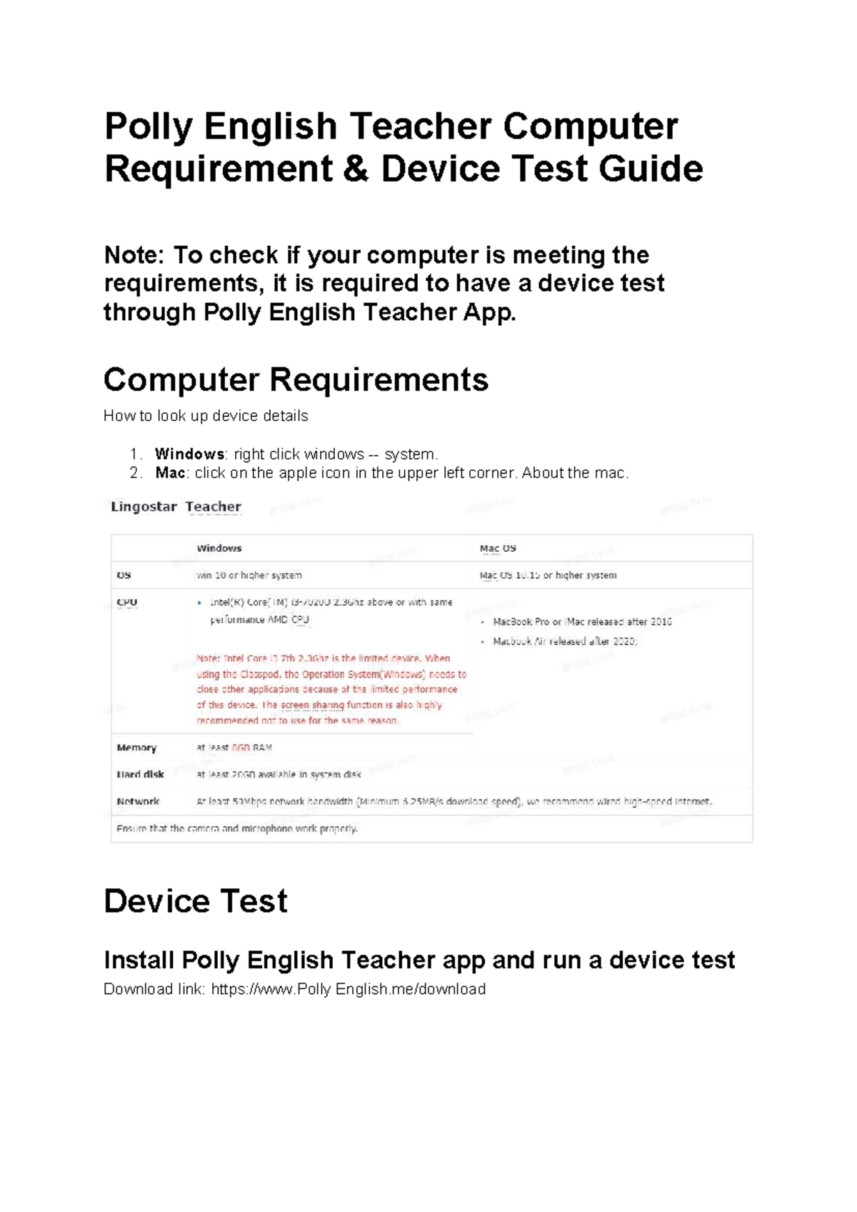 Polly English Teacher Computer Requirements & Device Test Guide - Studocu
