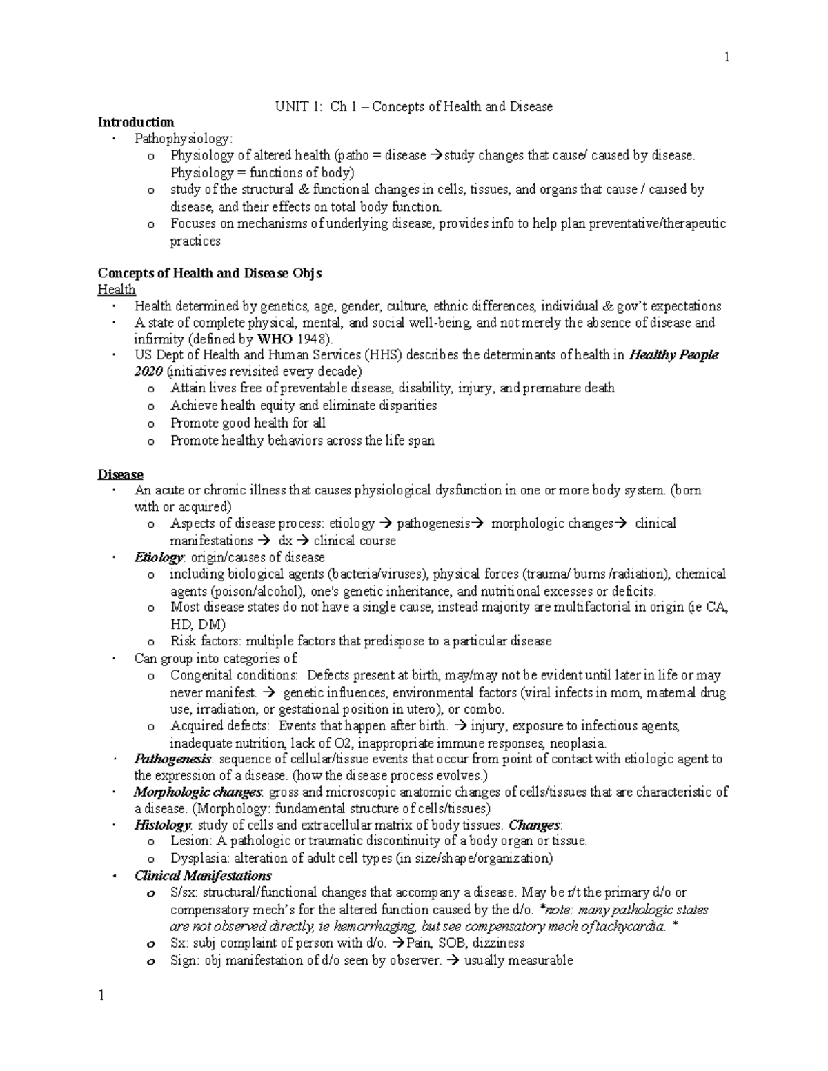 518 Real Exam 1 - Comprehensive Notes on Health and Disease Concepts ...
