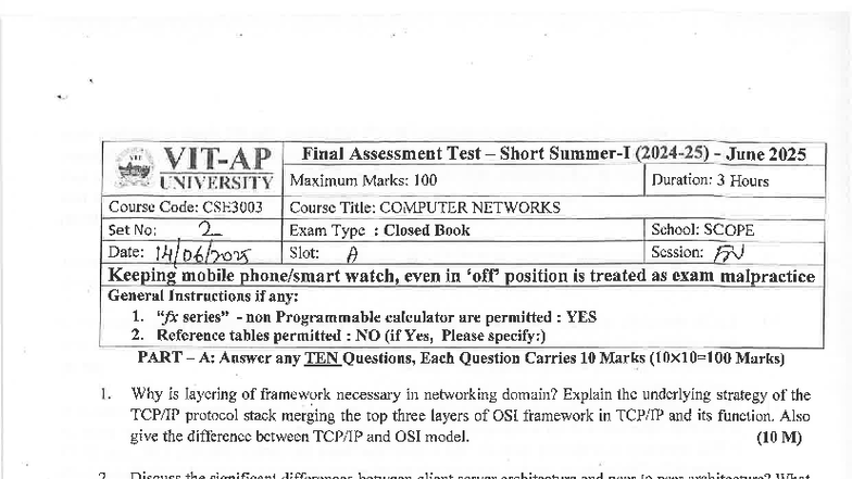 CSE3003 Final Assessment Test - Computer Networks June 2025 - Studocu