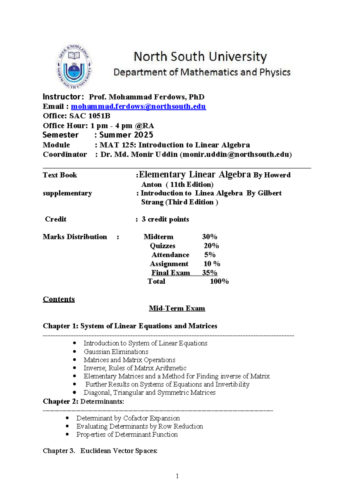 Outline for MAT 125: Introduction to Linear Algebra - Summer 2025 - Studocu