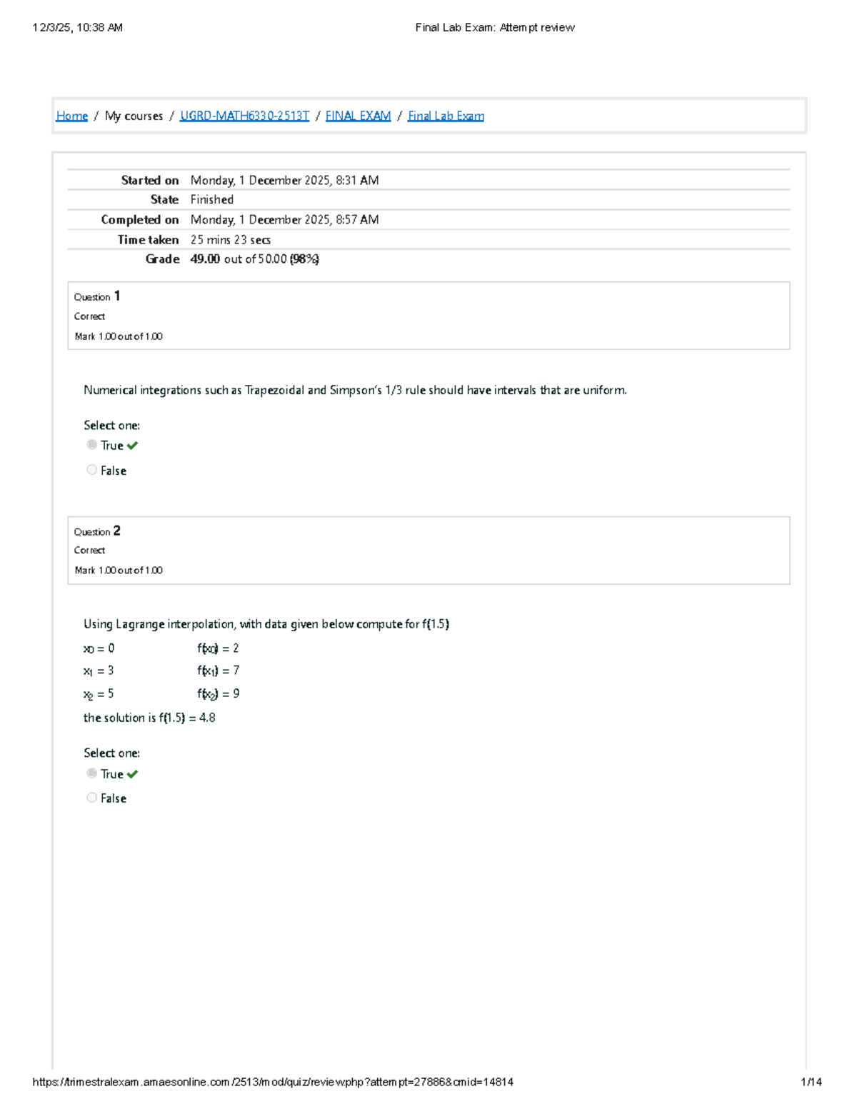 Final Exam: Lab Exam Attempt Review (Course Code: 10:38 AM) - Studocu