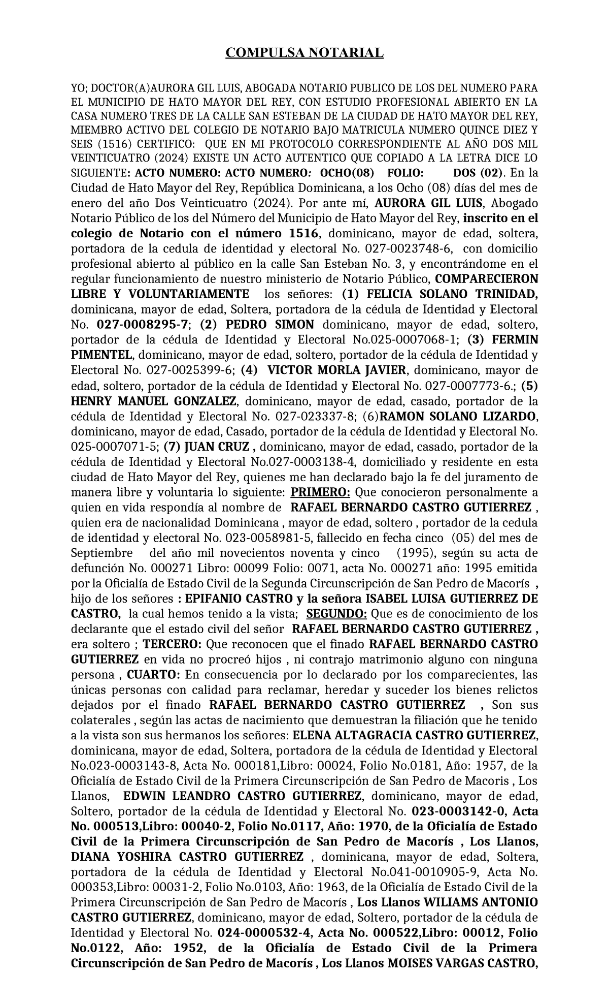 Compulsa Notarial 2024: Acto de Herencia de Rafael Castro - Studocu