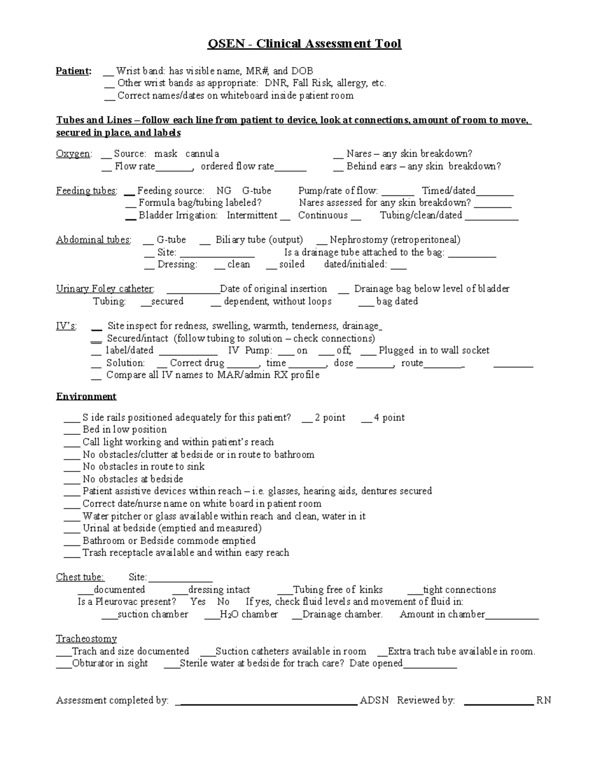 Clinical Safety Room Assessment Tool (QSEN Standard) - Studocu