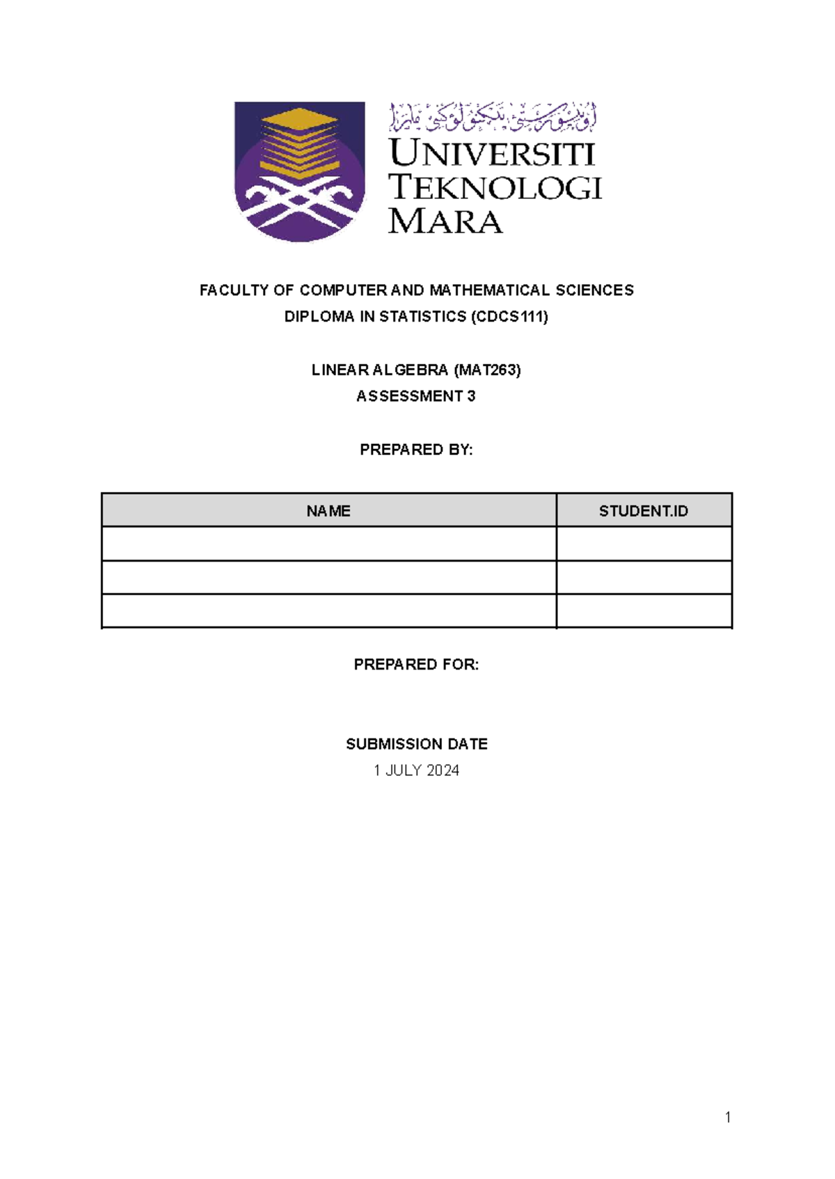 Linear Algebra (MAT263) Assessment 3: Problem Solving Techniques - Studocu
