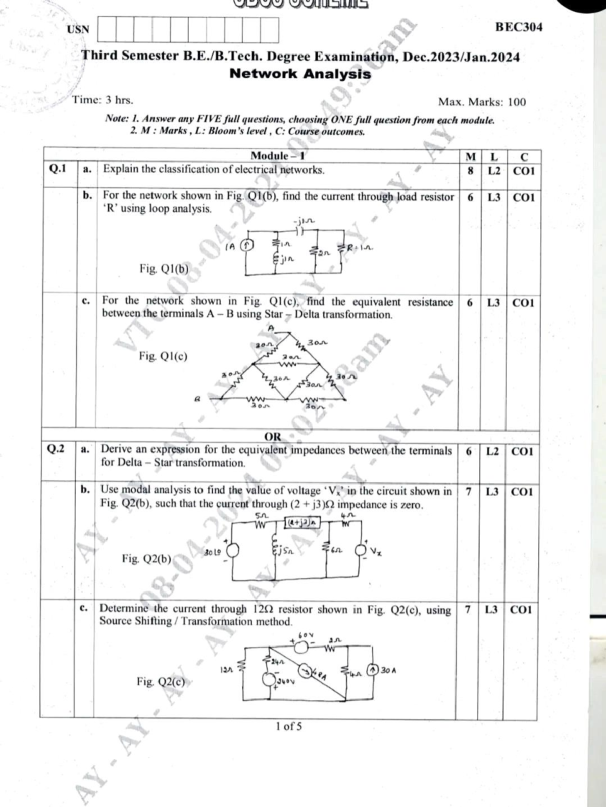 BEC304 USN Third Semester Exam: Network Analysis Guide - Studocu