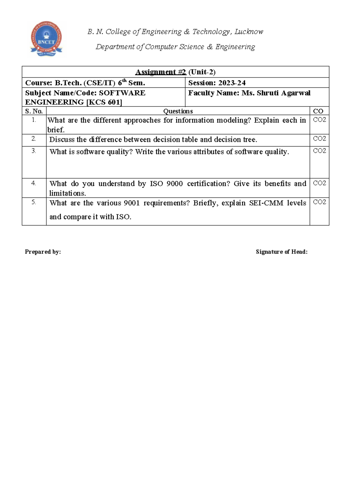Assignment 2: Software Engineering (KCS 601) - Questions Overview - Studocu