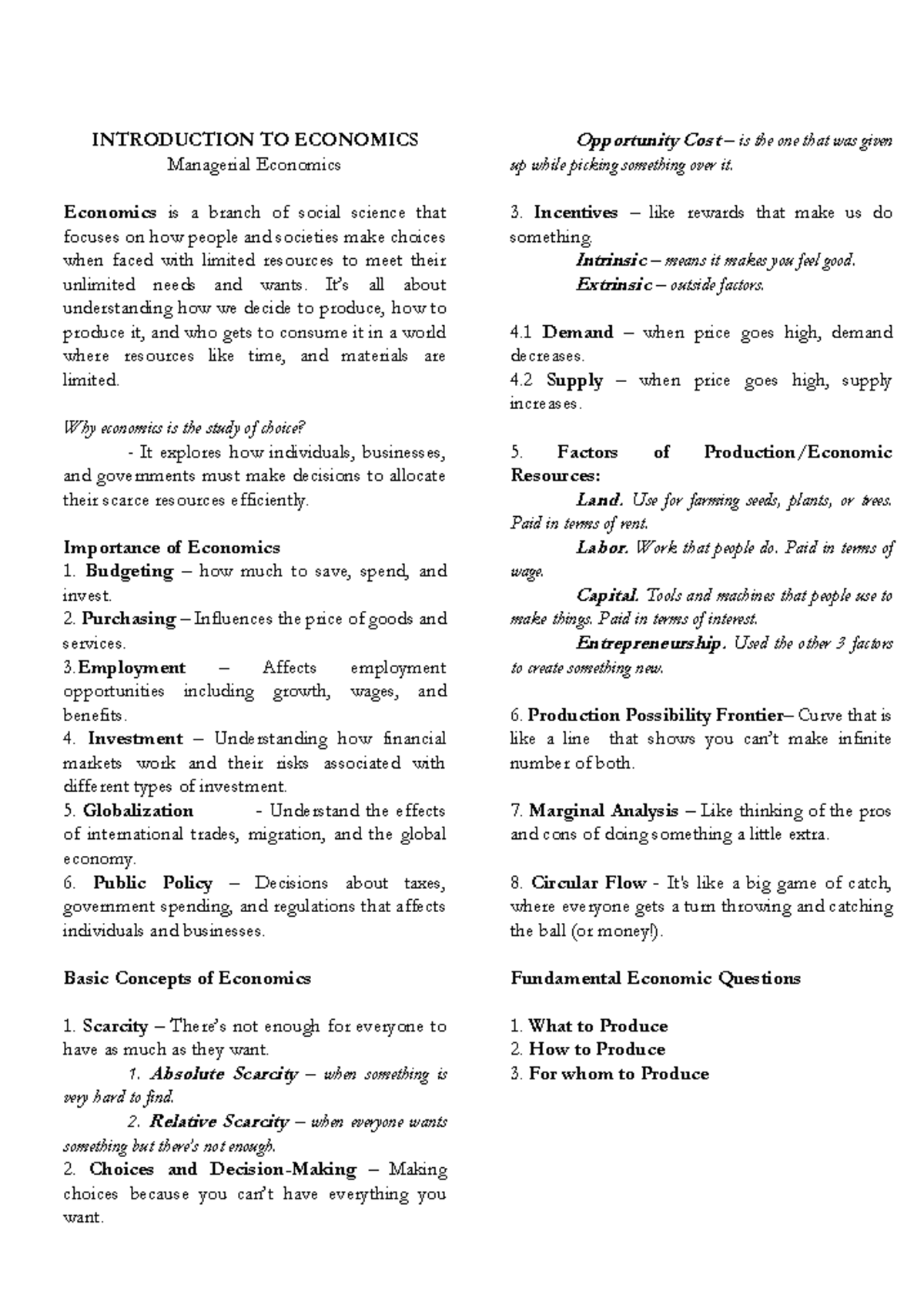 Introduction to Economics-Notes - INTRODUCTION TO ECONOMICS Managerial ...