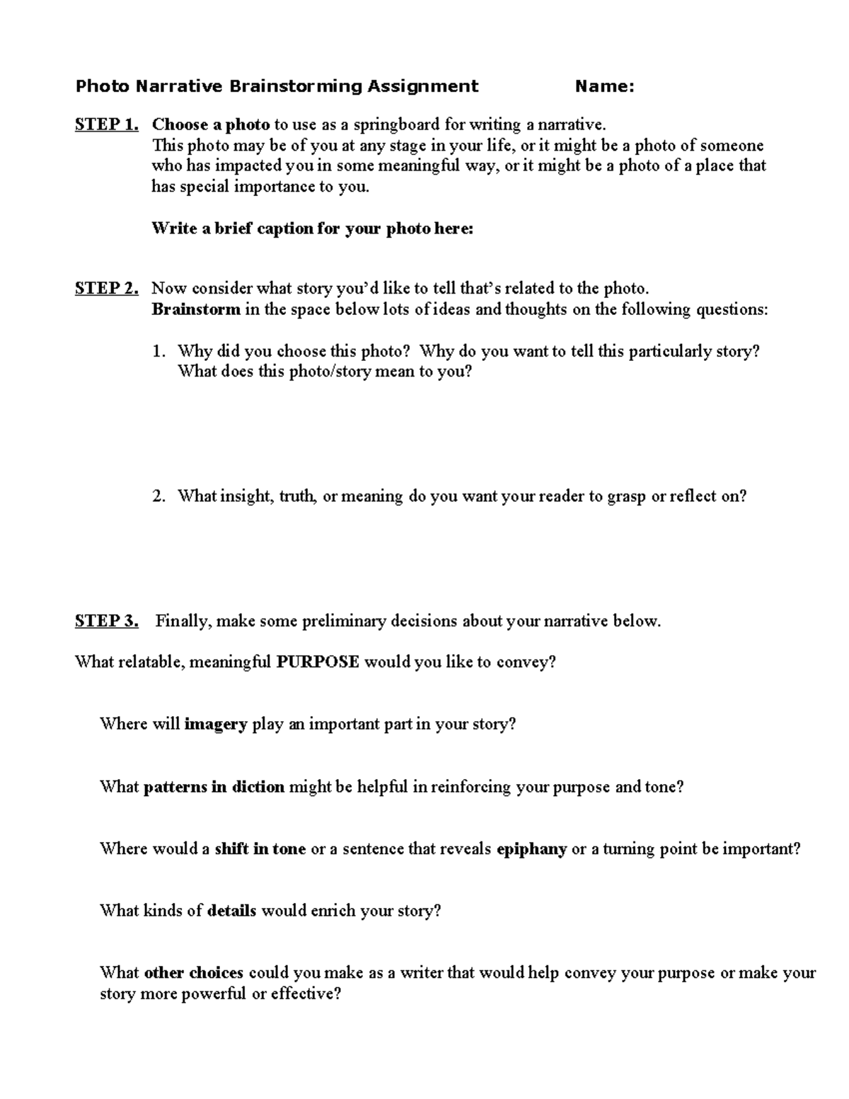 Photo Narrative Brainstorming Assignment - Choose a photo to use as a ...