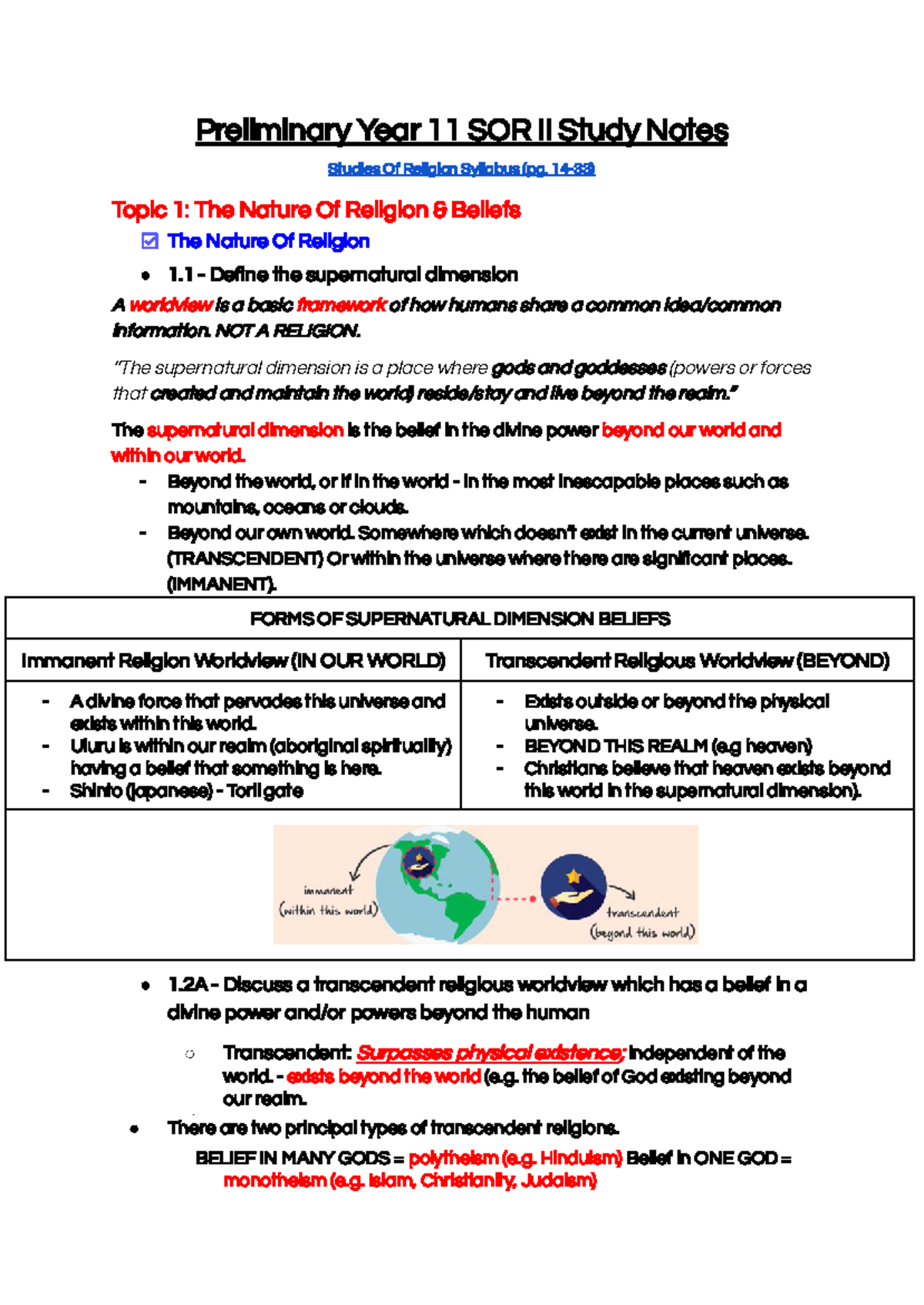 Preliminary Year 11 SOR II Study Notes: Understanding Religion and ...