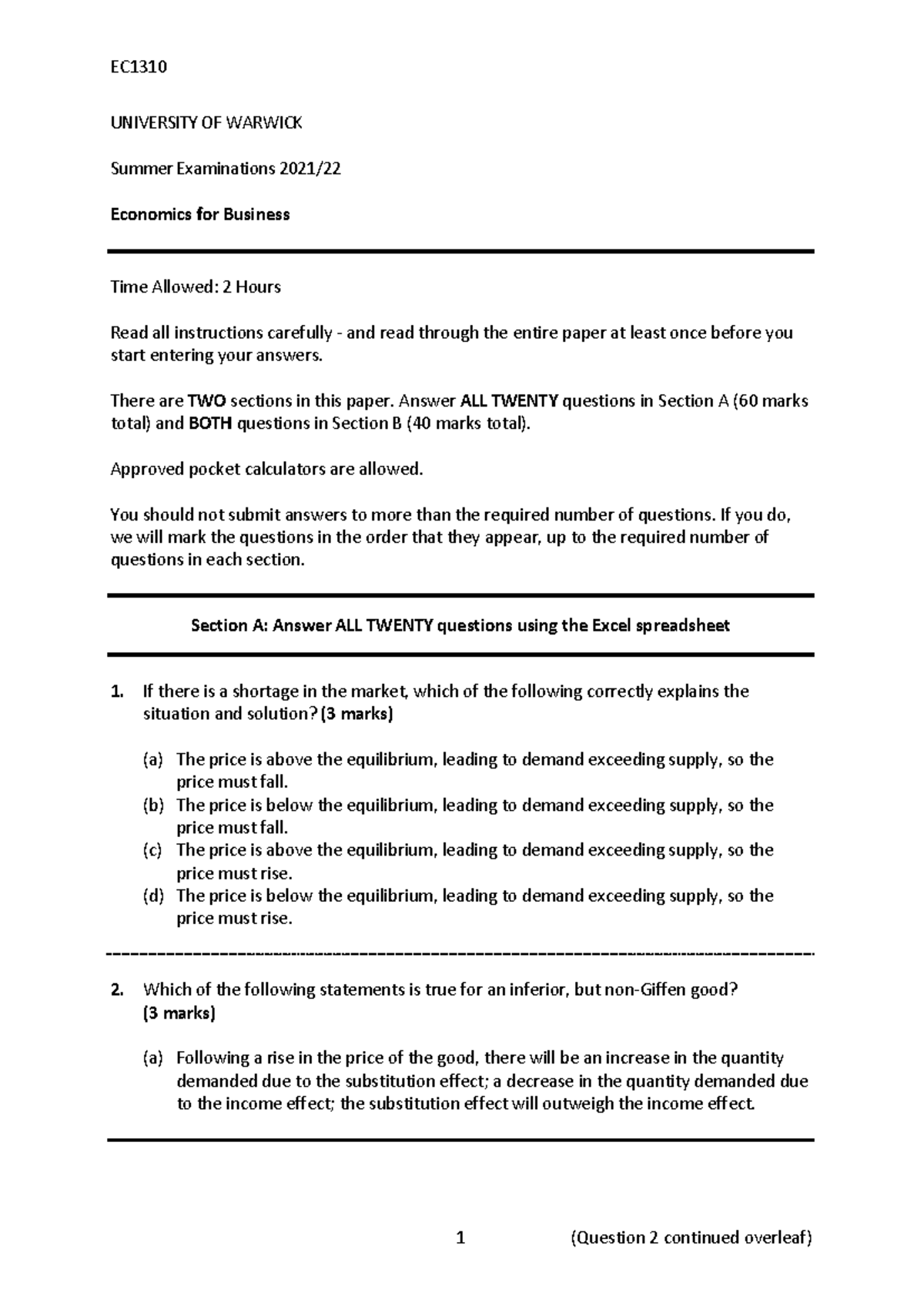 EC1310 2022 Summer Exam Paper: Economics for Business Analysis - Studocu