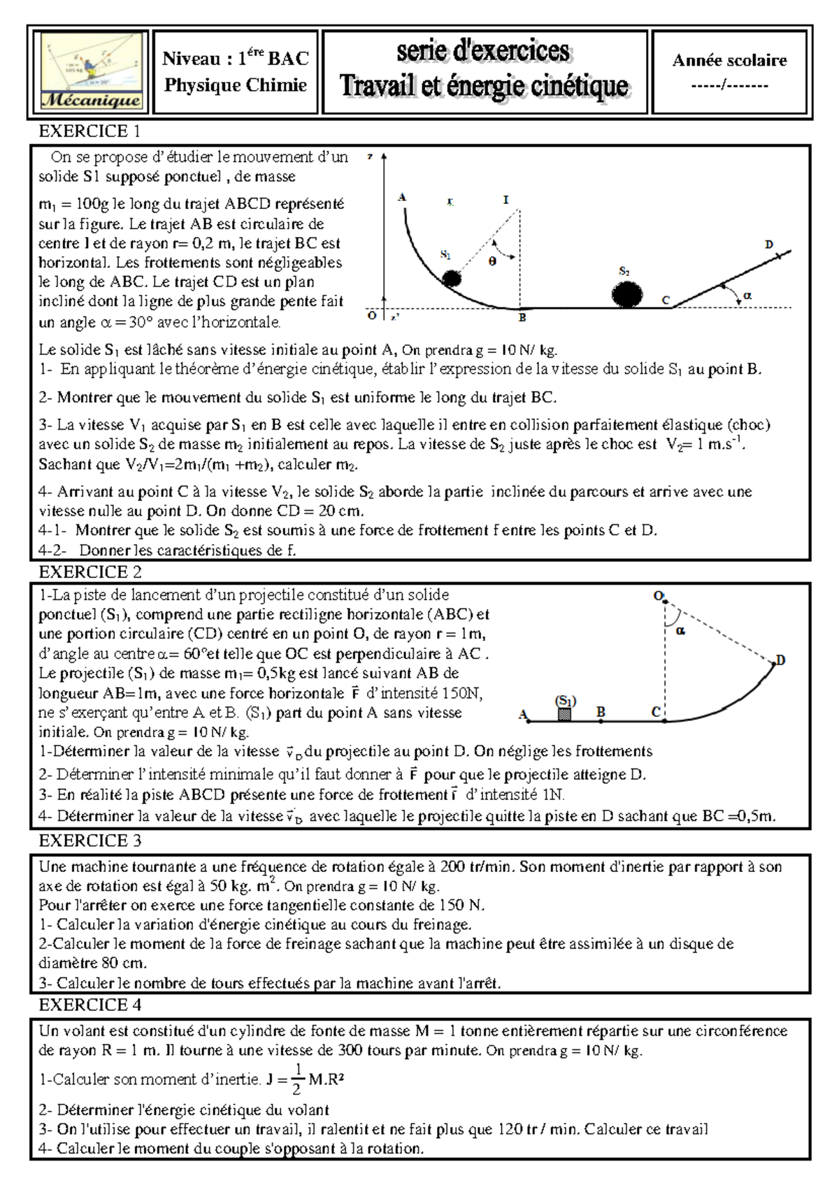 Exercice 1 Travail Et nergie Cin tique En Physique Chimie 1 re BAC 