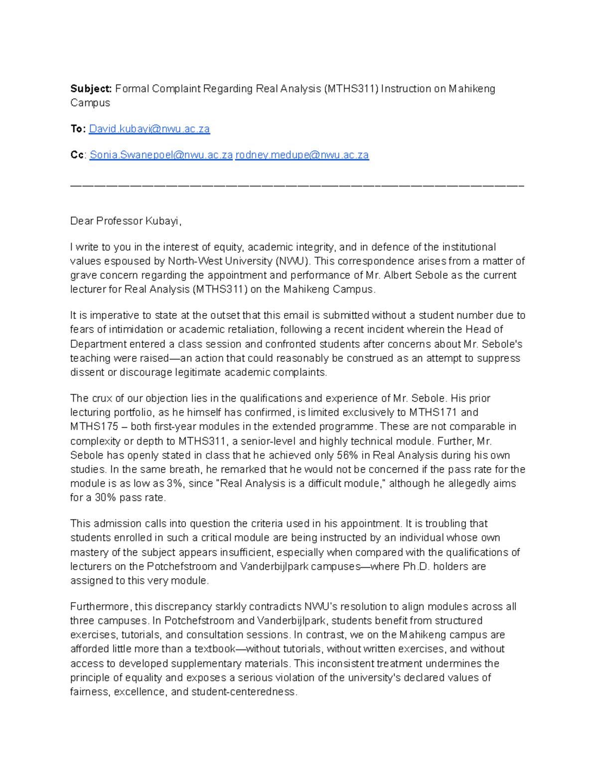 Formal Complaint on Real Analysis (MTHS311) Instruction Quality - Studocu