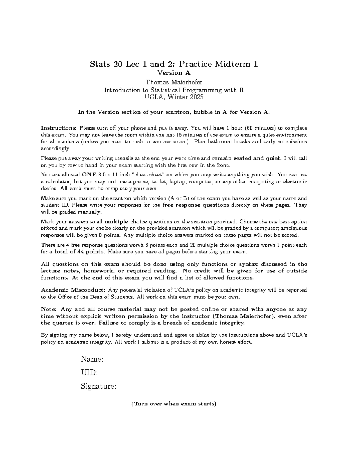 Stats 20 Practice Midterm 1 Version A Solutions - Winter 2025 - Studocu