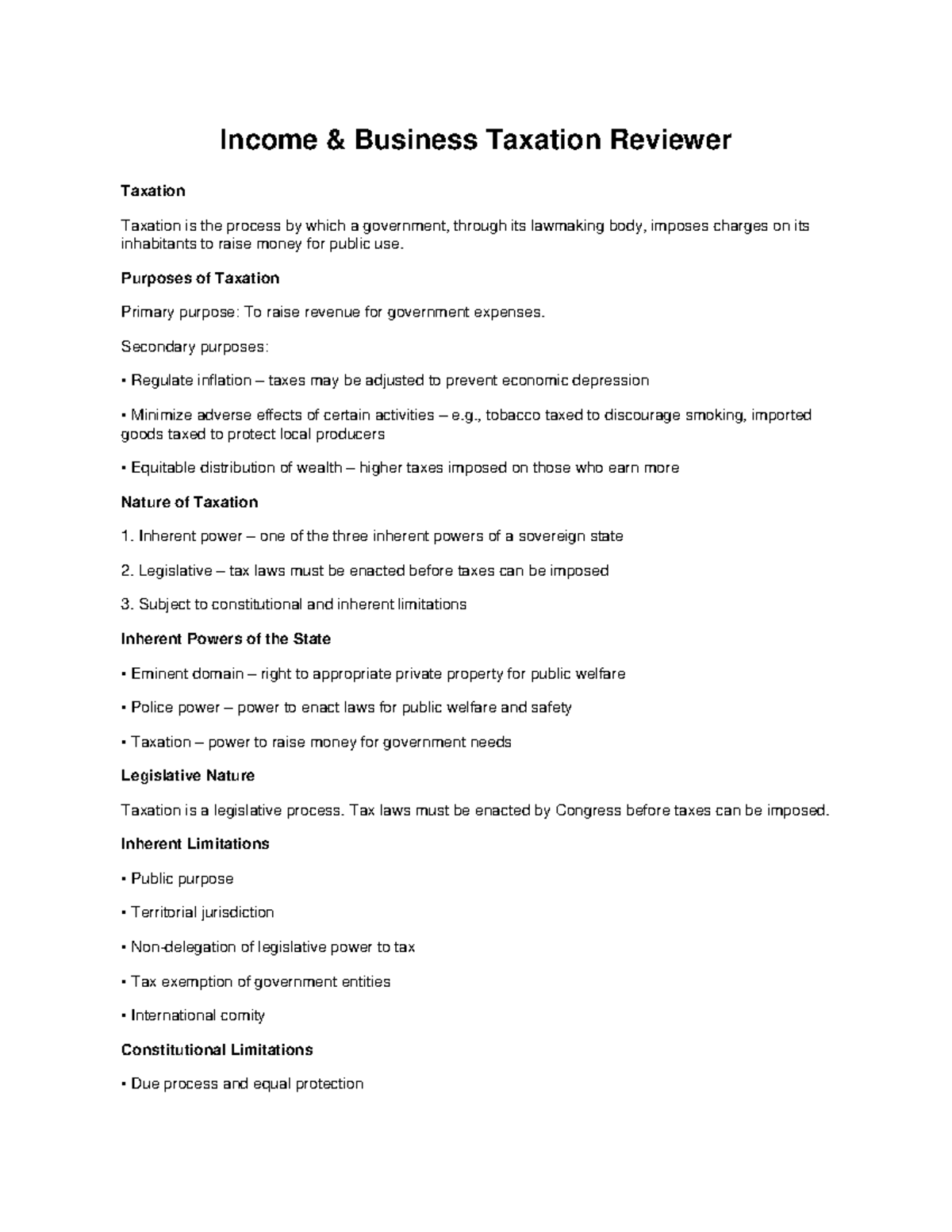 Income Business Taxation Reviewer: Key Concepts and Principles - Studocu