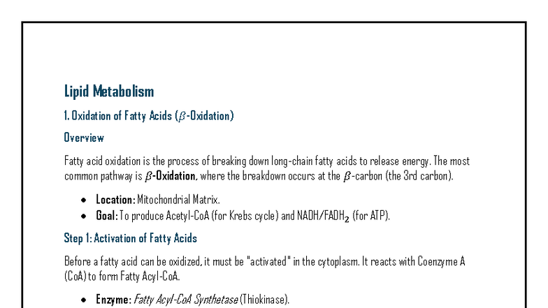 Lipid Metabolism - Overview of Fatty Acid Oxidation and Synthesis - Studocu