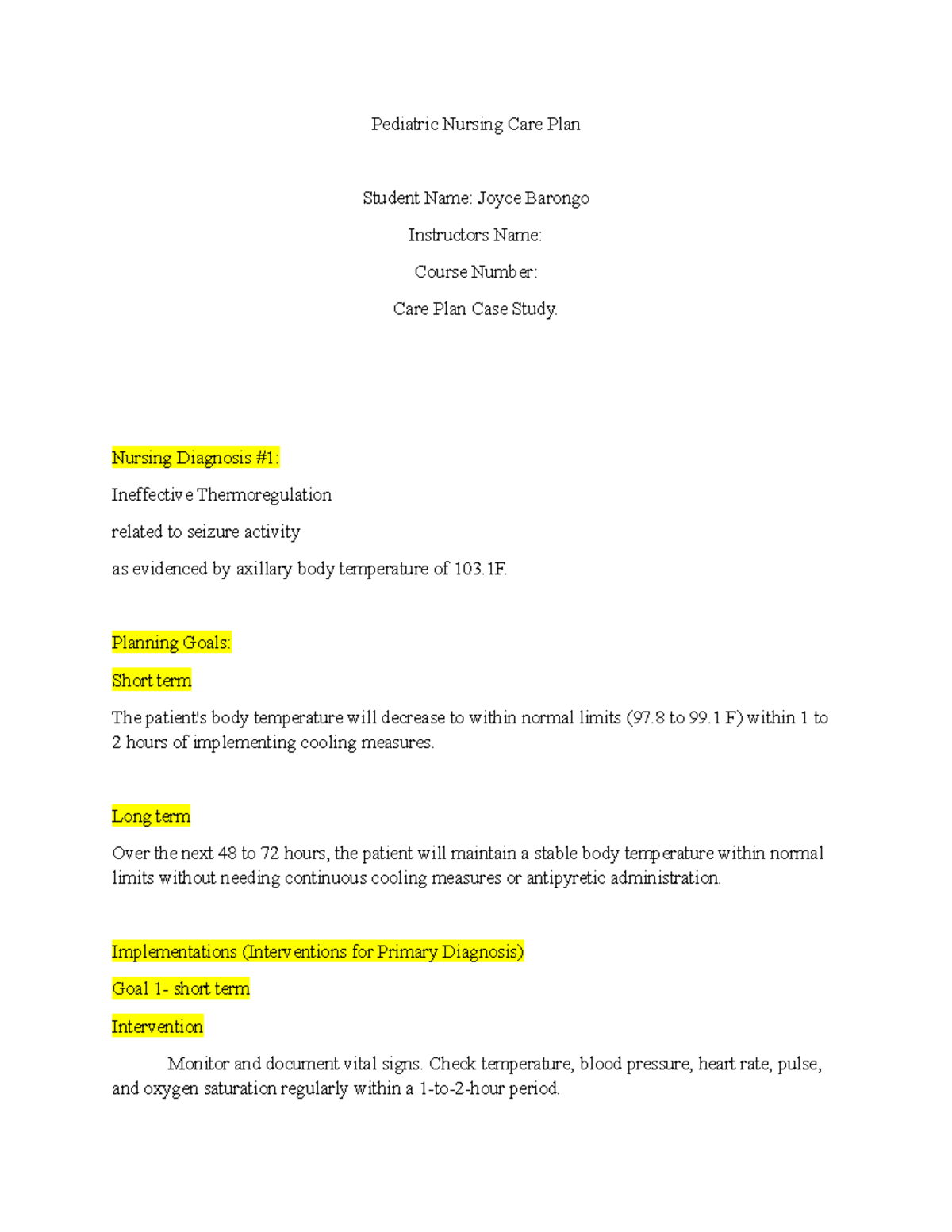 Pediatric Case Study Care Plan - Pediatric Nursing Care Plan Student ...