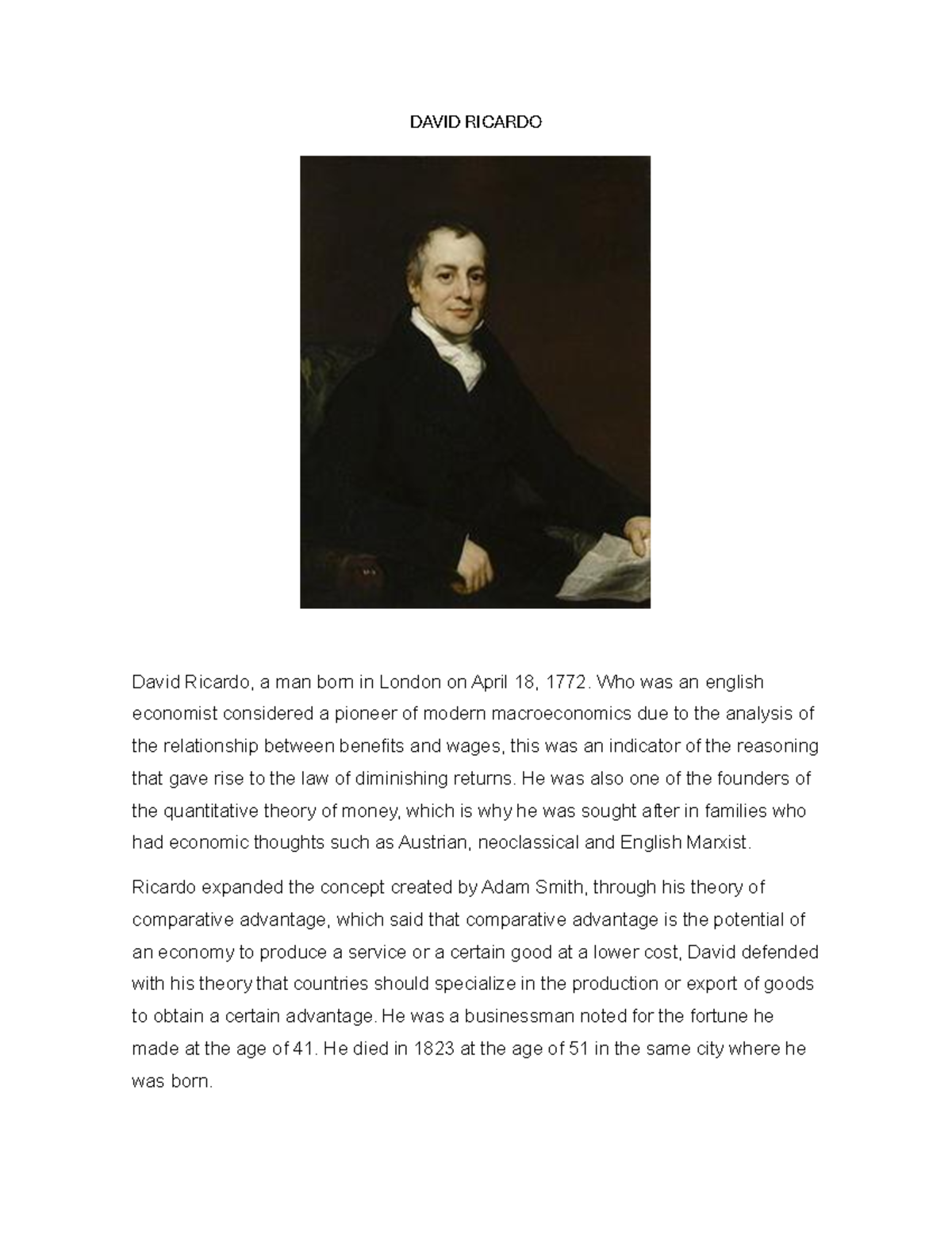 Crónica de David Ricardo: Pionero de la Economía Moderna - Studocu