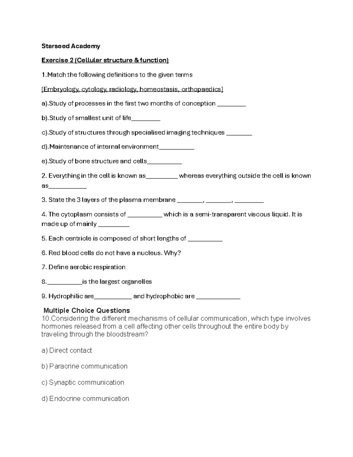 Starseed Academy Exercise 2: Cellular Structure & Function Quiz - Studocu