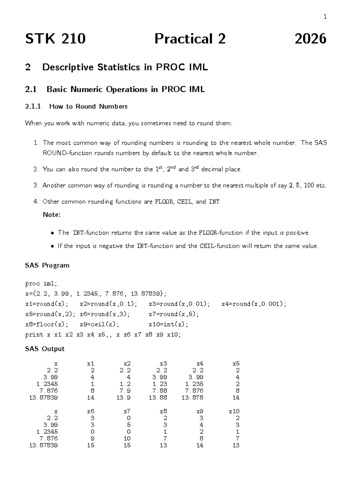 STK 210 Practical 2: Descriptive Stats & Numeric Ops in PROC IML - Studocu