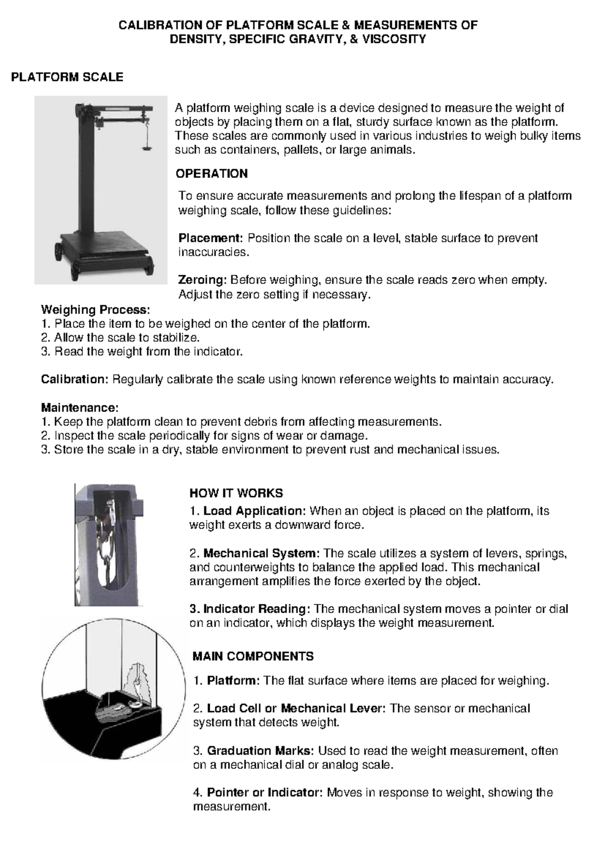 Calibration of Platform Scale & Measurements of Density, SG ...