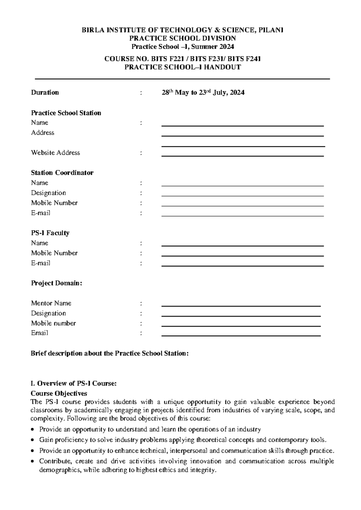 PS-I 2024: Comprehensive Handout for Practice School Course - Studocu