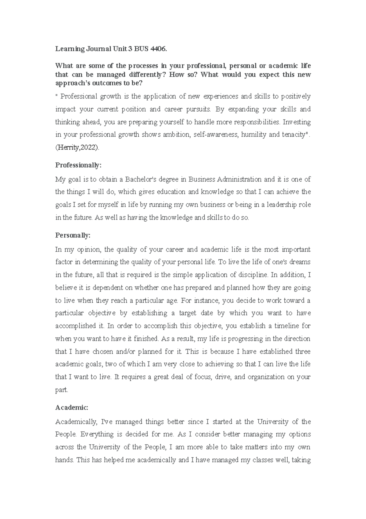 Reflecting on Professional & Personal Growth - Unit 3 BUS 4406 - Studocu