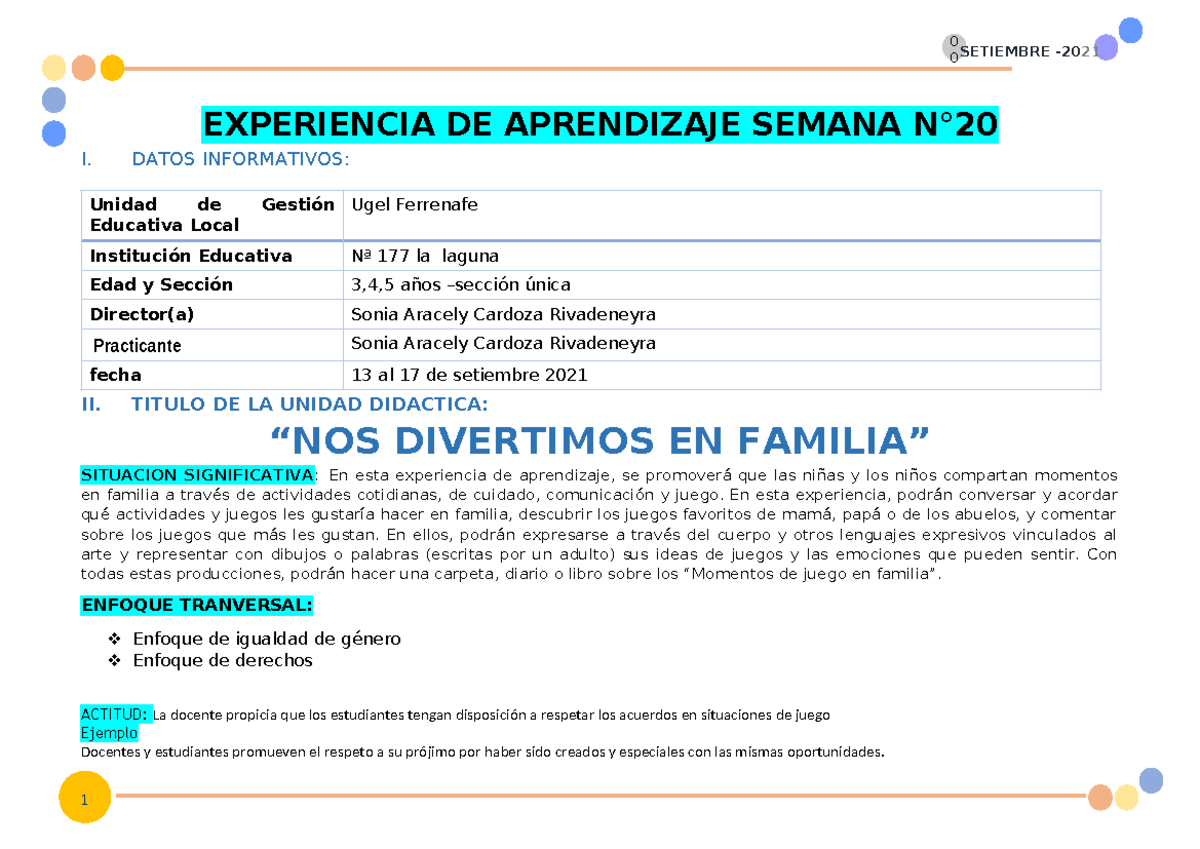 Experiencia de Aprendizaje Inicial TV N° 20: "Nos Divertimos en Familia ...