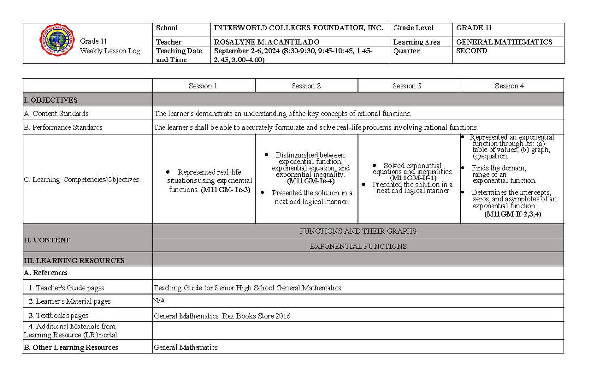 WEEK 6 GENERAL MATH LESSON PLAN - GRADE 11 (W6 GENMATH) - Studocu