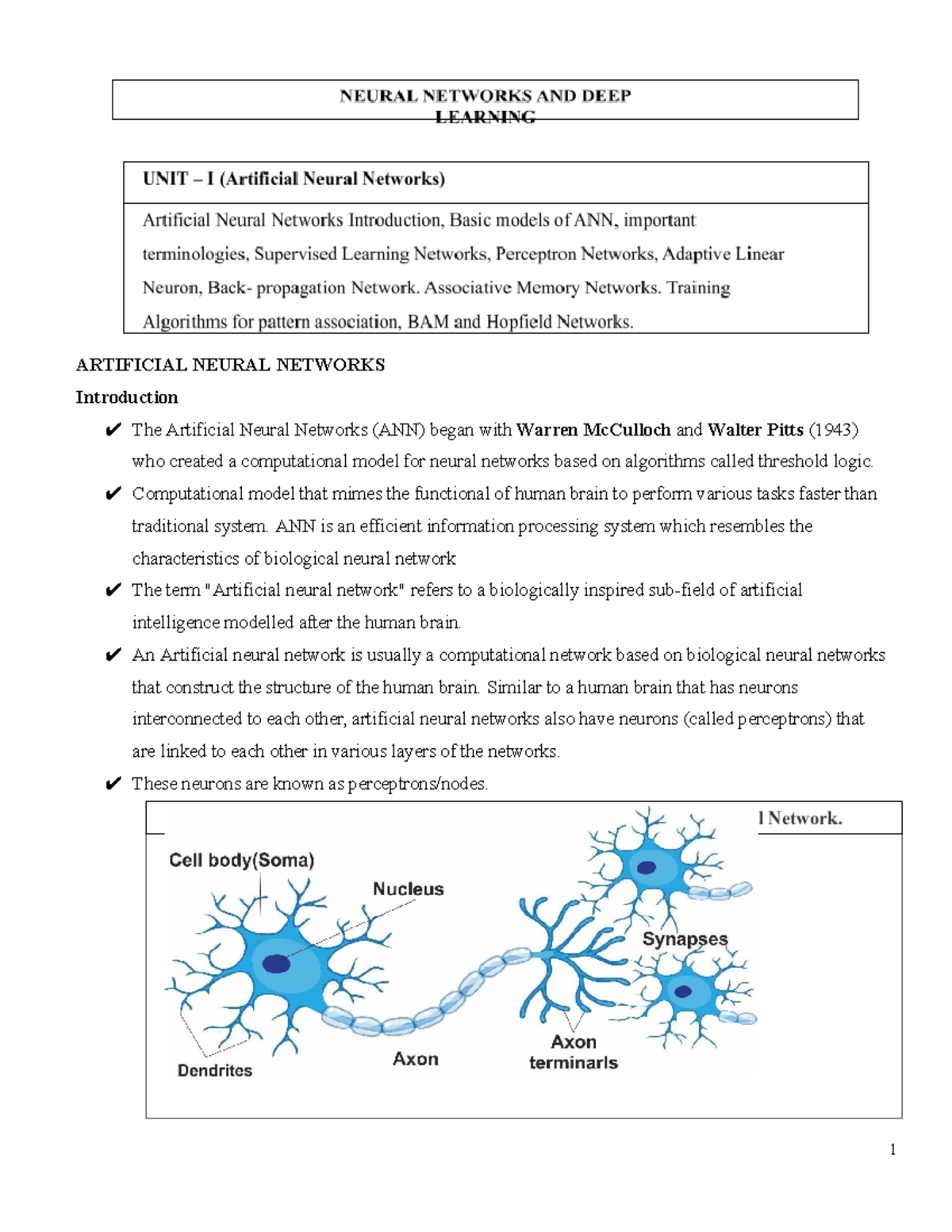 NN-DL unit 1 Material - Unit-1 - ARTIFICIAL NEURAL NETWORKS ...