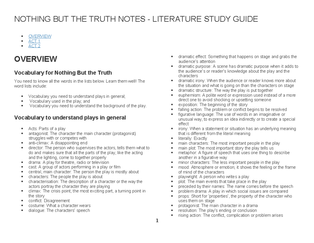 NBTT Literature Study Guide: Vocabulary & Overview of Acts 1 & 2 - Studocu