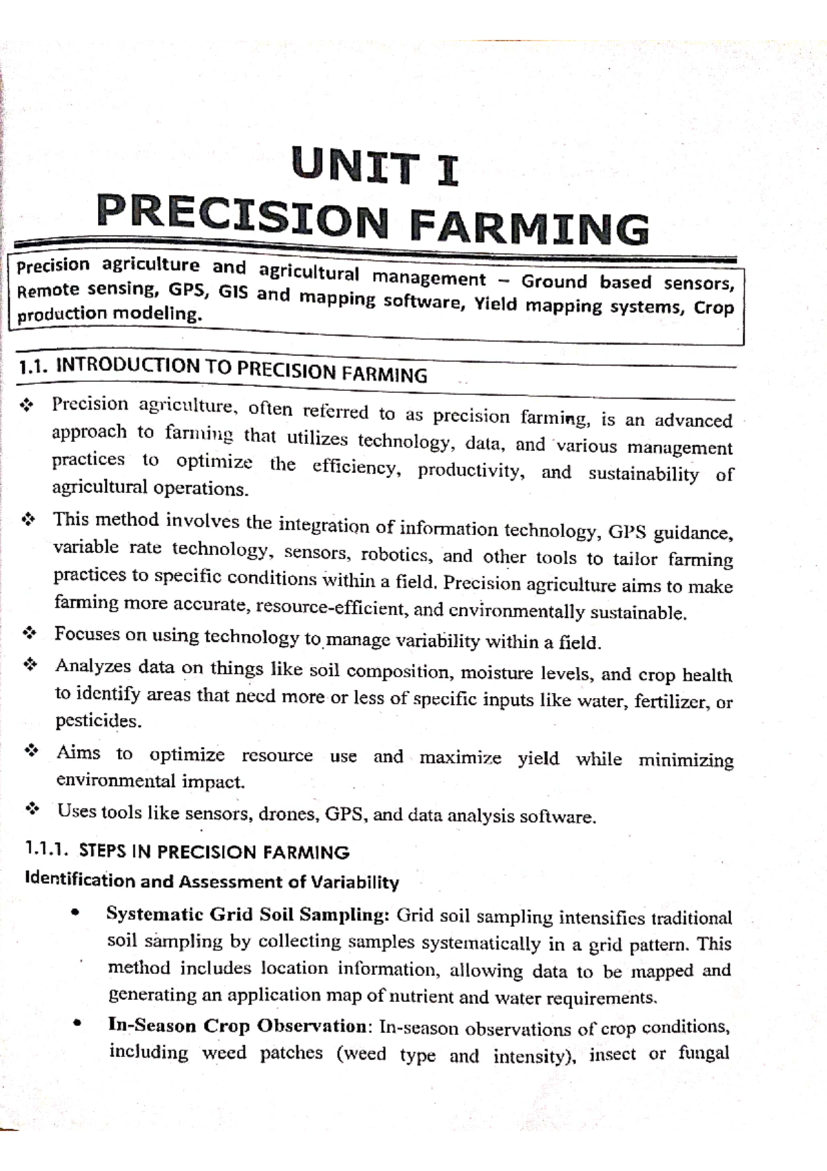 Precision Farming & Agricultural Management: Unit I Insights and ...
